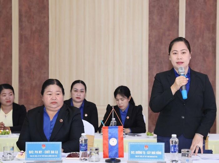 Lãnh đạo Đoàn Thanh niên Nhân dân Cách mạng Lào tỉnh Bò Kẹo phát biểu tại hội đàm.