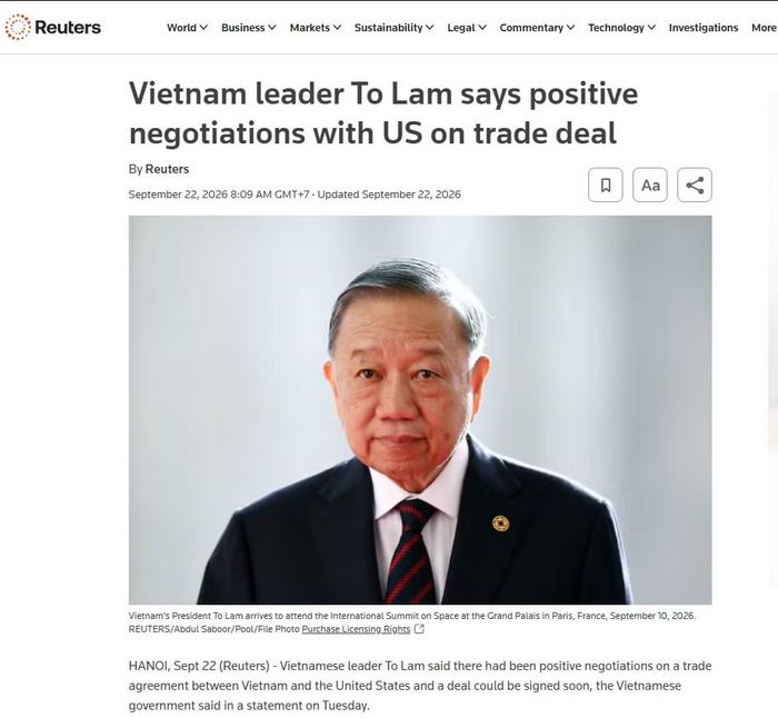Tin tức trên trang Reuters về cuộc gặp giữa Tổng Bí thư, Chủ tịch nước Tô Lâm và Đại diện Thương mại Hoa Kỳ Jamieson Greer. Ảnh chụp màn hình.