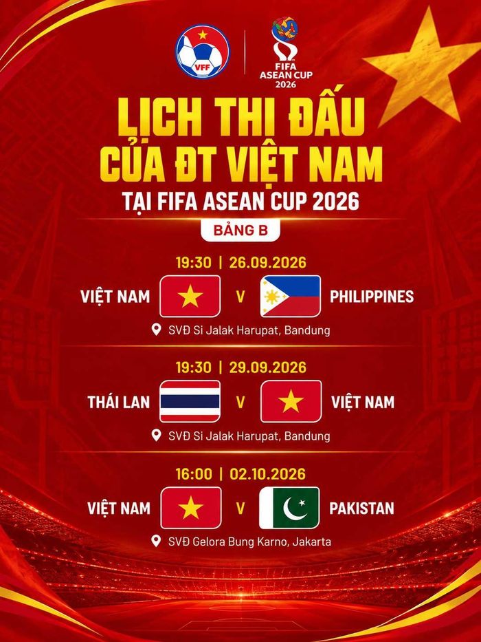 Lịch thi đấu FIFA ASEAN Cup 2026 của đội tuyển Việt Nam
