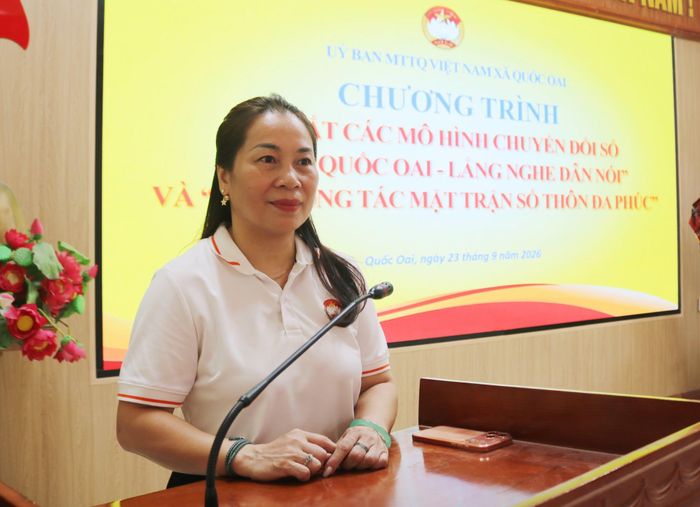 Chủ tịch Ủy ban MTTQ Việt Nam xã Quốc Oai Nguyễn Thị Thanh Loan phát biểu tại chương trình. Ảnh: PV