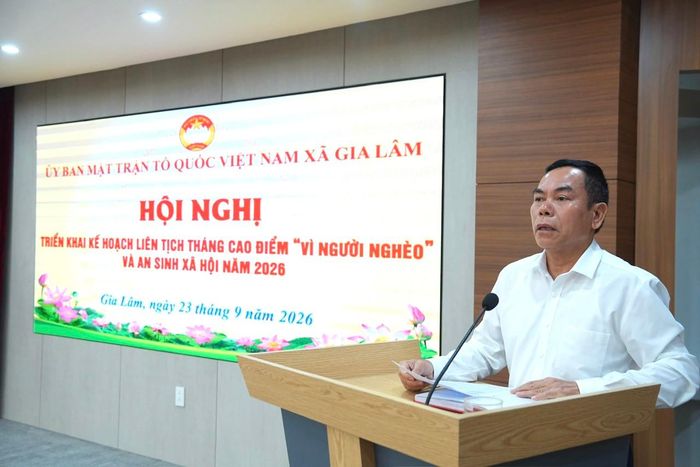 Chủ tịch Ủy ban MTTQ Việt Nam xã Gia Lâm Nguyễn Văn Hợi phát biểu tại hội nghị. Ảnh: PV