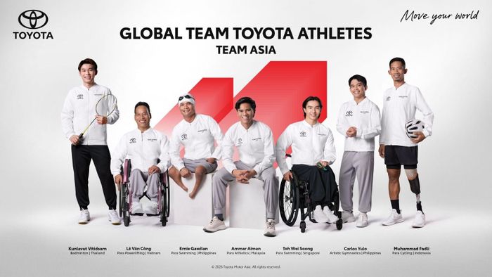 Vận động viên Lê Văn Công (thứ hai từ trái) trong đội hình Global Team Toyota tham dự Á vận hội 2026. Ảnh: Toyota.