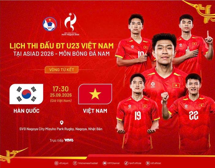 Lịch thi đấu trận U23 Việt Nam - U23 Hàn Quốc tại tứ kết ASIAD 2026. Ảnh: VFF