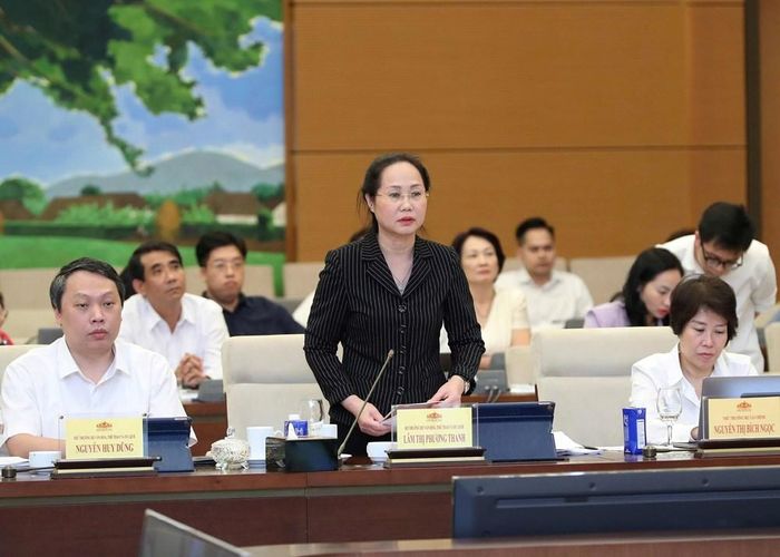 Bộ trưởng Bộ VHTTDL Lâm Thị Phương Thanh thừa ủy quyền của Thủ tướng Chính phủ trình bày tờ trình tóm tắt về dự án Luật Phát triển công nghiệp văn hóa
