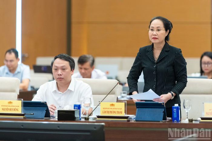 Bộ trưởng Văn hóa, Thể thao và Du lịch Lâm Thị Phương Thanh trình bày tờ trình tóm tắt dự án Luật Phát triển công nghiệp văn hóa. (Ảnh: DUY LINH)