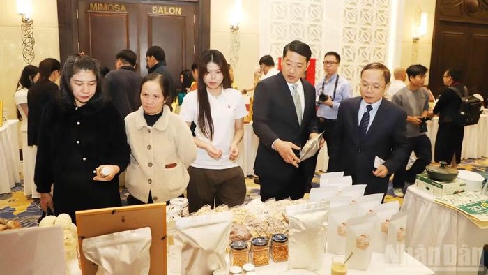 Các đại biểu tham quan gian hàng đặc trưng được trưng bày trong khuôn khổ diễn đàn.