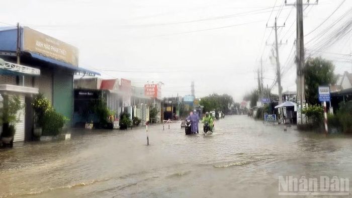 Một đoạn trên Quốc lộ 28 tại khu vực phía đông Lâm Đồng bị ngập sâu trong chiều 24/9. (Ảnh: BẢO VĂN)