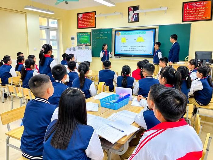 Học sinh Trường Tiểu học Nguyễn Tất Thành (phường Nam Định, tỉnh Ninh Bình) trong giờ học có sự hỗ trợ của thiết bị công nghệ.