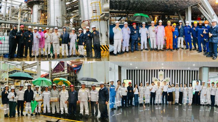 Lãnh đạo Công đoàn PVCFC cùng đại diện các đơn vị thăm hỏi, động viên người lao động tại công trường BDTT.