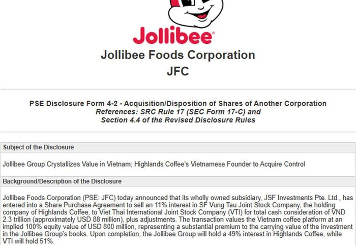 Tập đoàn Jollibee Foods Corporation của Philippines ký thỏa thuận bán 11% cổ phần chuỗi cà phê Highlands Coffee, trị giá 2.300 tỷ đồng. Nguồn: PSE