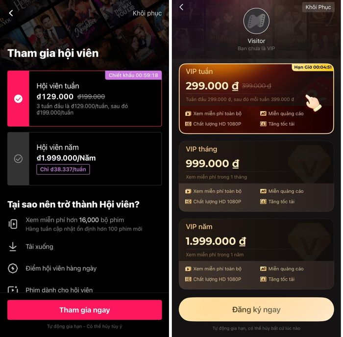 Mỗi ứng dụng có các gói Hội viên/VIP khác nhau, giá từ vài trăm nghìn đến cả triệu đồng. Ảnh chụp màn hình
