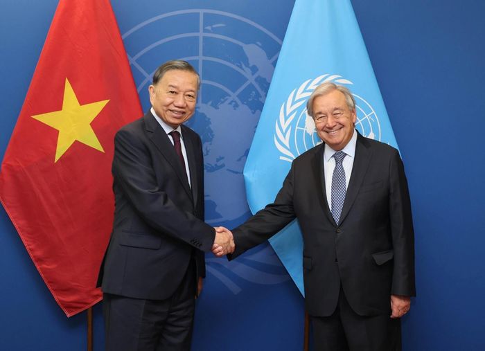 Tổng Bí thư, Chủ tịch nước Tô Lâm gặp Tổng Thư ký LHQ António Guterres. Ảnh: TTXVN