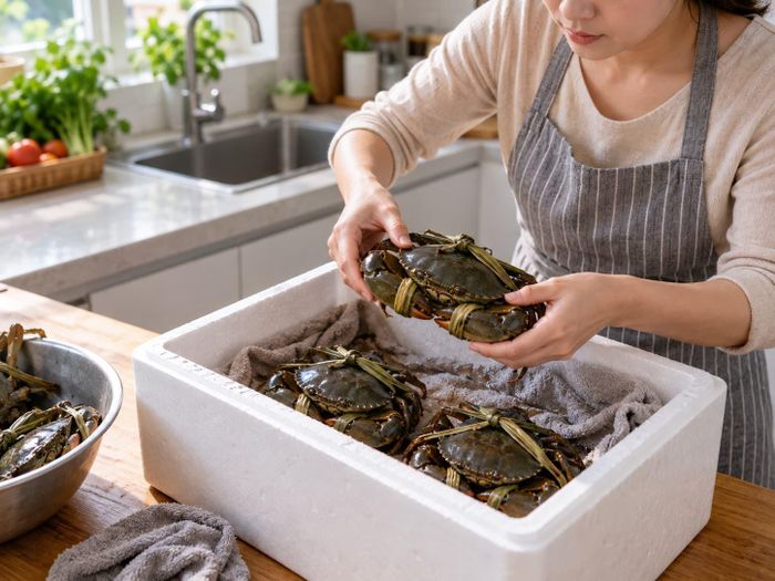 Bảo quản cua biển sống ở nhiệt độ phòng là cách bảo quản ngắn hạn. Ảnh: AI