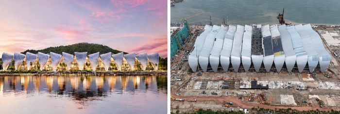 Ảnh mô hình và thực tế thi công đến tháng 9/2026 thi công Trung tâm Hội nghị và Triển lãm APEC.