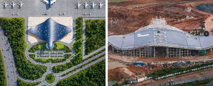 Nằm trong tổng thể dự án mở rộng sân bay, Nhà ga VIP có diện tích sàn 9.890m² trên khu đất 5,3ha, được thiết kế để đón tiếp các đoàn nguyên thủ với quy mô tới 300 người. (Ảnh mô hình và thực tế tiến độ thi công). 