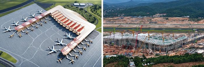 Ảnh mô hình và thực tế đang thi công tại nhà ga T2. Ảnh: Khải Anh.