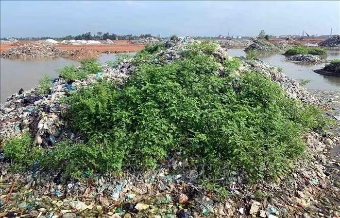 Hàng đống rác thải sinh hoạt trong khu công nghiệp. Ảnh: Công Tường/TTXVN