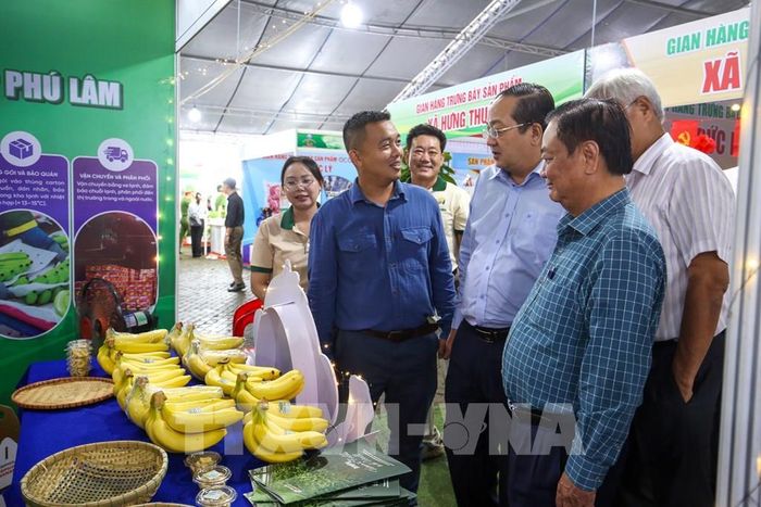 Đại biểu tham quan các sản phẩm chế biến từ nông sản Tây Ninh được giới thiệu tại không gian trưng bày OCOP. Ảnh: Giang Phương - TTXVN