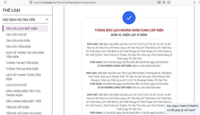 Lịch ngừng cấp điện tại Cần Thơ ngày mai 25/9 được cập nhật lúc 10h05 ngày 24/9 trên website của EVNSPC. Ảnh: BNEWS phát