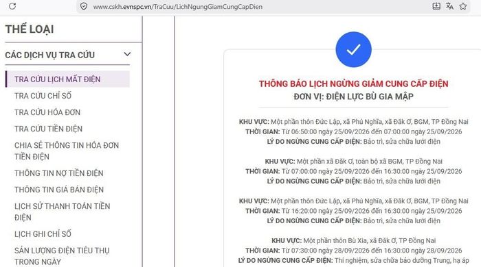 Lịch ngừng cấp điện tại Đồng Nai ngày mai 25/9 được cập nhật trên website của EVNSPC lúc 10h11 ngày 24/9. Ảnh: BNEWS phát