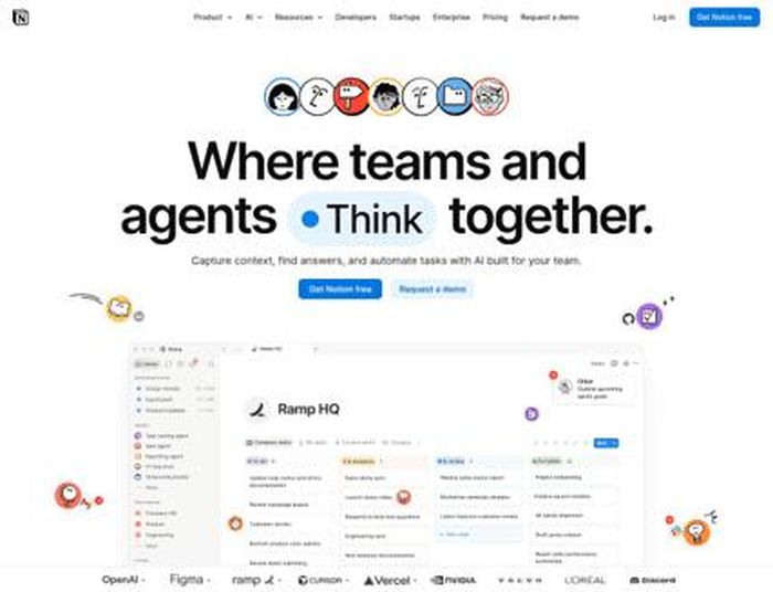 Giao diện Notion trên trang sản phẩm chính thức, thể hiện project board, teamspace và các nhóm tác vụ. Nguồn: Notion.