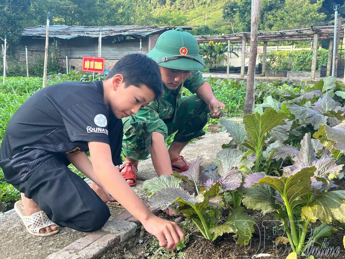 Ngoài giờ học ở trường, cậu bé Lò Tuấn Mạnh cùng các chú bộ đội Đồn Biên phòng Cửa khẩu Huổi Puốc chăm sóc vườn rau, cây cảnh. 
