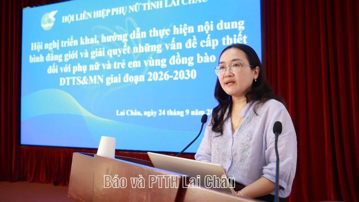 Tiến sĩ Phùng Thị Quỳnh Trang - Giảng viên Học viện Phụ nữ Việt Nam triển khai các nội dung tại hội nghị.