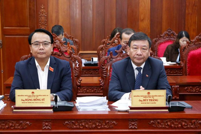 Đồng chí Đặng Hồng Sỹ, Phó Bí thư Thường trực Tỉnh ủy (bên trái) và đồng chí Bùi Thắng, Phó Bí thư Tỉnh ủy (bên phải) tham dự kỳ họp