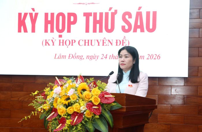 Giám đốc Sở Giáo dục và Đào tạo Lê Thị Bích Liên trình bày tờ trình các dự thảo nghị quyết tại kỳ họp