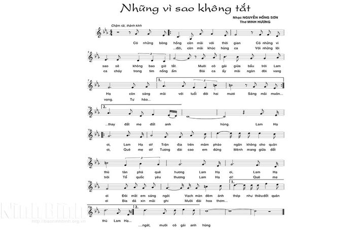 Bản nhạc “Những vì sao không tắt” - nhạc Nguyễn Hồng Sơn, thơ Minh Hương, với phần giai điệu và lời ca được trình bày trên khuông nhạc.