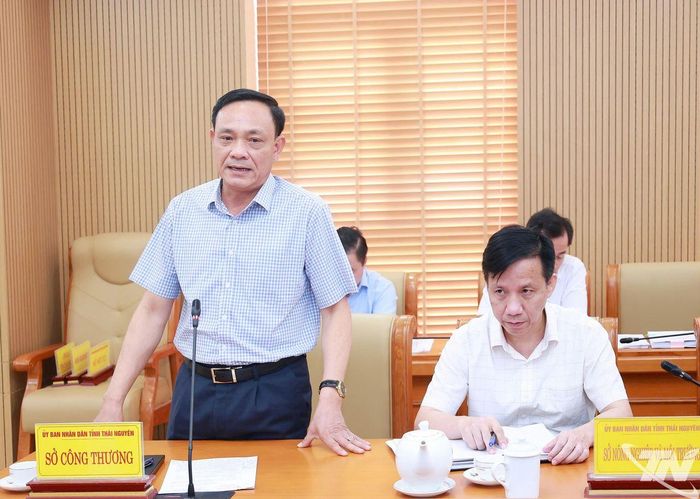 Đồng chí Phạm Văn Thọ, Ủy viên Ban Thường vụ Tỉnh ủy, Giám đốc Sở Công Thương báo cáo tại cuộc họp.