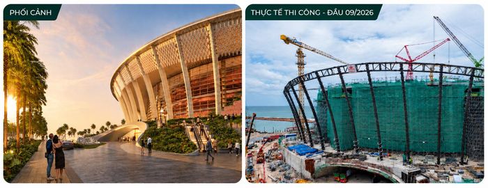 Nhà biểu diễn đa năng APEC đang bước vào chặng nước rút khi kết cấu bê tông cốt thép đã đạt gần 100%. Trên công trường, kỹ sư, công nhân đang khẩn trương lắp đặt 50 cột đỡ hệ mái và hoàn thiện các hạng mục bên trong, hướng tới hoàn thiện mặt ngoài trong quý IV/2026 và hoàn tất nội thất vào ngày 30/3/2027.