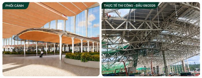 Nhà ga chính đang bước vào chặng nước rút khi kết cấu bê tông, xây trát và hoàn thiện đã đạt khoảng 95%; hệ thống xử lý hành lý đạt 60%. Giai đoạn 1 dự kiến hoàn thành và đưa vào khai thác tháng 4/2027.