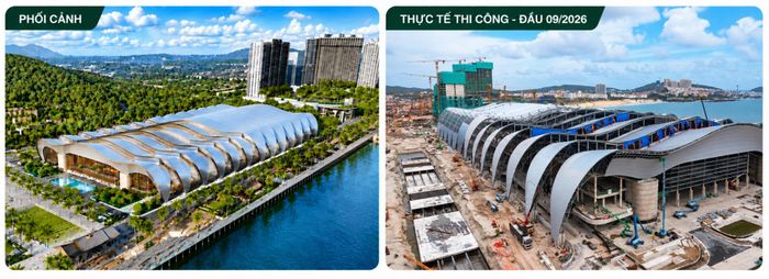Được ví như “trái tim” của tổ hợp APEC, Trung tâm Hội nghị và Triển lãm APEC gây ấn tượng với tổng diện tích sàn 153.130 m², cao 39,25 m, gồm 1 tầng hầm, 3 tầng nổi và tầng tum kỹ thuật. Điểm nhấn bên trong là ballroom rộng 11.050 m², sở hữu nhịp vượt không cột lên tới 81 m; hệ mái công trình được thiết kế mô phỏng những lớp sóng biển.