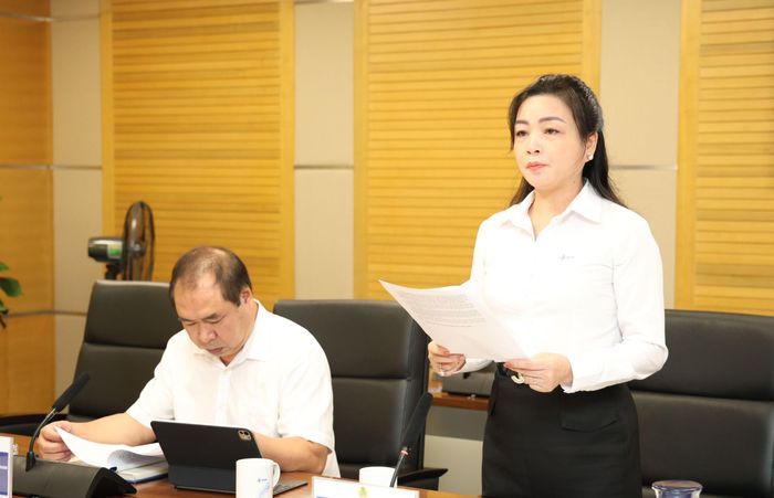 Phó Chủ tịch Công đoàn ĐLVN Đinh Thị Thanh Bình báo cáo tại buổi làm việc.