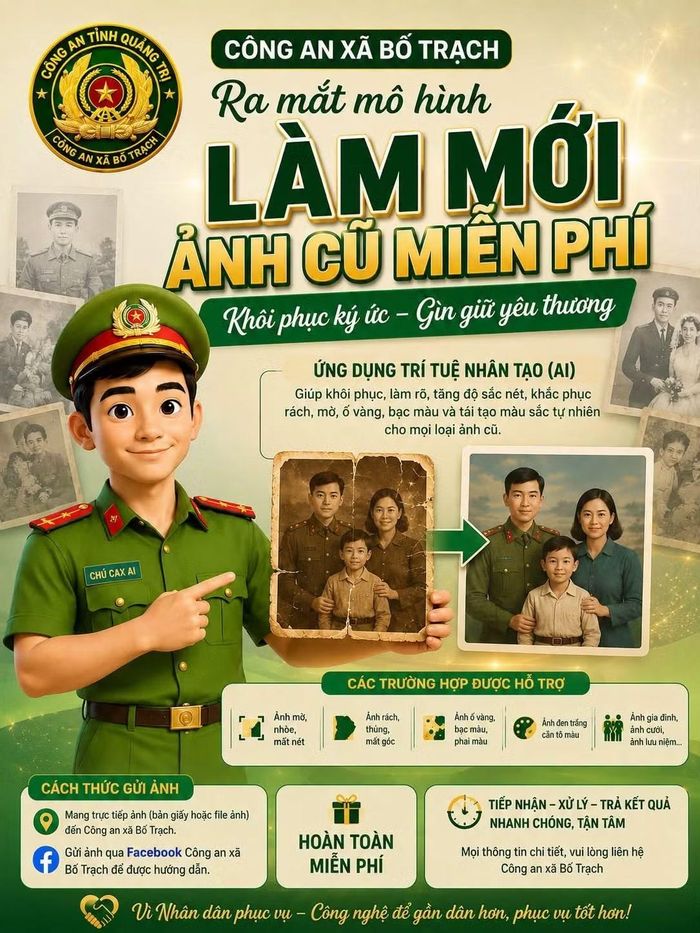 Công an xã Bố Trạch triển khai mô hình làm mới ảnh cũ miễn phí cho người dân trên địa bàn.