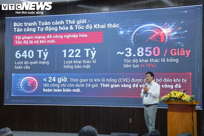 PGS.TS Phạm Văn Hậu, Giám đốc Trung tâm An ninh Mạng, ĐHQG TP.HCM, trình bày về bức tranh an ninh mạng thế giới và Việt Nam. (Ảnh: Ngọc Duy)