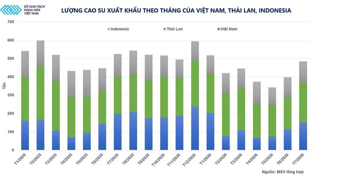 Lượng cao su xuất khẩu theo tháng của Việt Nam, Thái Lan và Indonesia. Nguồn: MXV