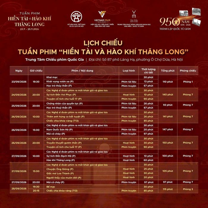 Lịch chiếu tại Rạp Chiếu phim Quốc gia (87 Láng Hạ, phường Ô Chợ Dừa, Hà Nội). Ảnh: BTC
