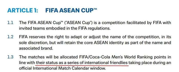 Một phần của Điều 1 trong Điều lệ FIFA ASEAN Cup 2026. (Ảnh chụp màn hình).