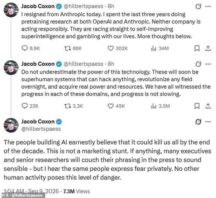  Jacob Coxon, người đã từ chức khỏi Anthropic, bày tỏ những lo ngại về AI. Ảnh: X. 