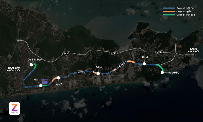  Tuyến LRT Phú Quốc dài 17,59 km, kết nối Cảng hàng không quốc tế Phú Quốc với khu vực phía nam đảo và Trung tâm Hội nghị và Triển lãm APEC. Phần lớn tuyến được bố trí trên dải phân cách giữa của đường tỉnh ĐT975. Dự án gồm 6 ga, trong đó có một ga ngầm tại khu vực Trung tâm Hội nghị và Triển lãm APEC. Đồ họa: Phan Nhật.