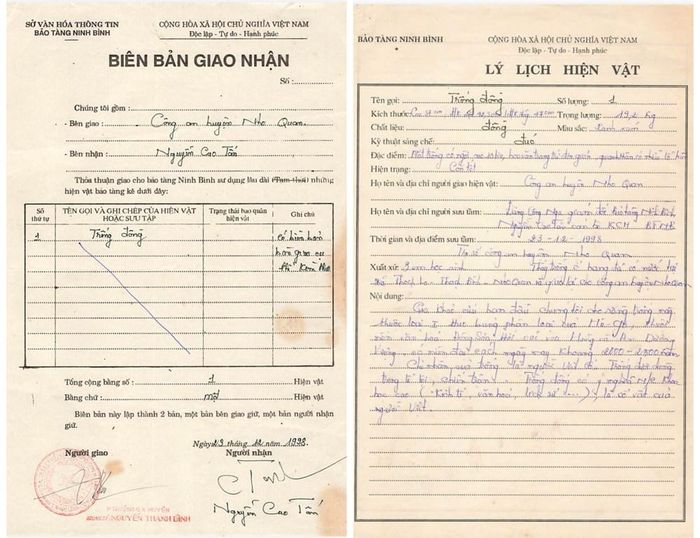 Lý lịch hiện vật, Biên bản giao nhận trống đồng giữa Công an huyện Nho Quan và Bảo tàng Ninh Bình ngày 23.12.1998
