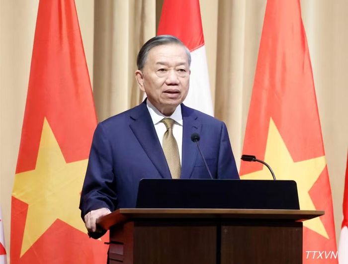 Tổng Bí thư, Chủ tịch nước Tô Lâm phát biểu chính sách "Quan hệ Đối tác chiến lược Việt Nam-Canada trong bối cảnh thế giới đầy biến động”. (Ảnh: Thống Nhất/TTXVN)