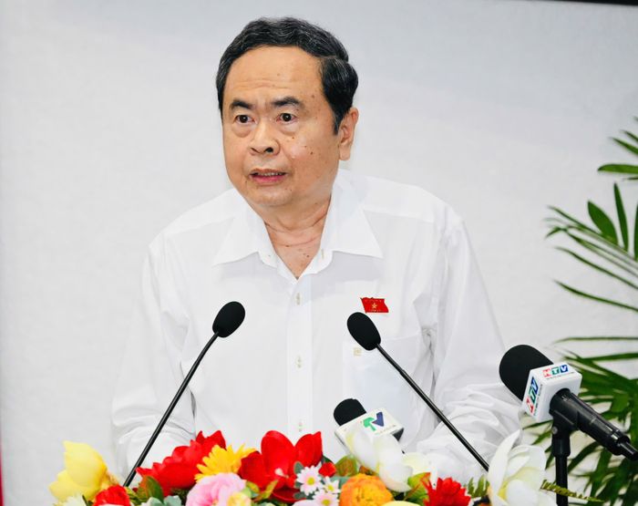 Chủ tịch Quốc hội Trần Thanh Mẫn phát biểu tại buổi tiếp xúc cử tri. Ảnh: VIỆT DŨNG