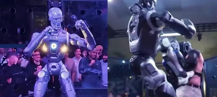 Robot hình người T800 cao 1,83 m bước vào lồng đấu để đối đầu với Frankie LaPenna tại San Francisco.