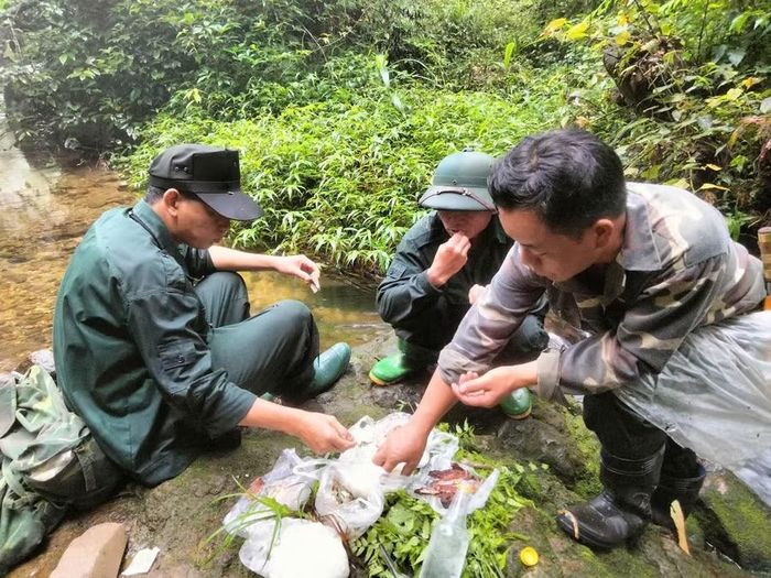 Bữa cơm giữa đường của cán bộ tuần rừng.