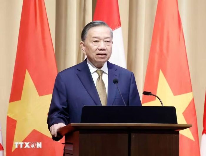 Tổng Bí thư, Chủ tịch nước Tô Lâm phát biểu chính sách "Quan hệ đối tác chiến lược Việt Nam - Canada trong bối cảnh thế giới đầy biến động”. Ảnh: Thống Nhất/TTXVN