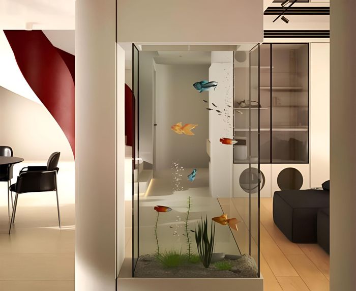 Trong phòng khách, tránh đặt bể cá sau ghế sofa hoặc đối diện bếp nấu.