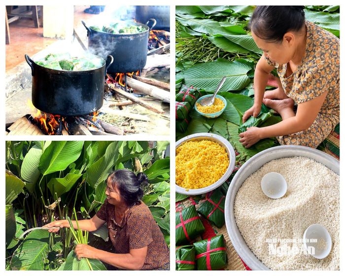 Người dân xóm Phúc Lộc, xã An Châu chung tay gói bánh chưng làm quà cho trẻ em trong xóm. Ảnh: T.P